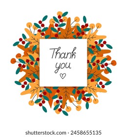 Thank you Handwriting lettering with heart shape on note sticker on a wreath of bright autumn leaves