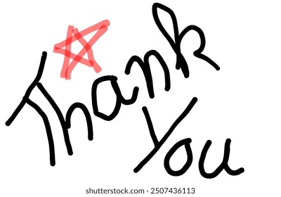 Thank you handwritten black calligraphy red star on white background.