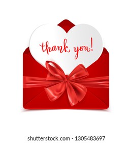 Thank you handwritten calligraphic text message in open envelope with decorative bow isolated on white, vector illustration