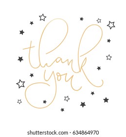 Thank You handwritten calligraphy. Hand drawn modern lettering. Thank You card with stars. Vector illustration.