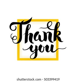 Thank You Handwritten Card. Vector Illustration of White Calligraphy with Golden Frame Decoration.