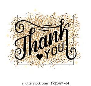 Thank You handwritten inscription on golden texture. Vector illustration. Hand drawn lettering design for thank you card, banner or advertising, invitation, T-shirt print design