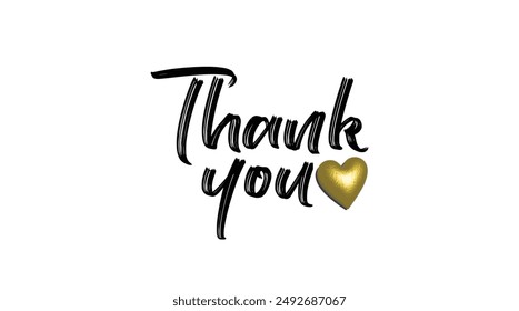 Thank You handwritten isolated on white background. Hand drawn lettering style,  with Gold Heart vector Isolated Design.