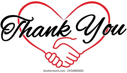 Thank you handwritten isolated on white background. Hand drawn lettering style calligraphy. Thank you calligraphy and handshake symbol, thank you sticker heart background
