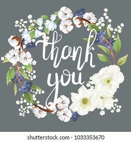 Thank you. Hand-written lettering. Beautiful floral wreath 