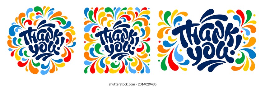 Thank you handwritten lettering. Unique lettering, thick brush calligraphy. Composition in a circle, square and rectangle with a bright colorful ornament on white background. Vector illustration.