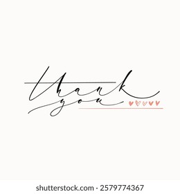 Thank you handwritten phrase with hearts square card. Hand drawn lettering calligraphy composition. Common polite words composition for banners, web, prints.