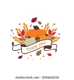 Thank you! handwritten phrase.Hand lettering and colorful illustration of pumpkin, berries, leaves as card, poster, emblem, banner for Thanksgiving day. Autumn mood. Vector illustration