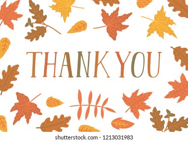 Thank you. Handwritten text with frame from autumn leaves. Vector illustration.