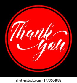 Gracias por el texto escrito a mano dentro de un círculo rojo sobre fondo negro. Ilustración vectorial de caligrafía