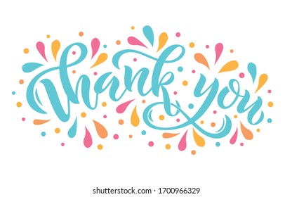 Thank you handwritten text isolated on white background. Modern brush calligraphy and colorful splashes for logo, icon, banner, card, invitation template. Hand lettering. Vector illustration