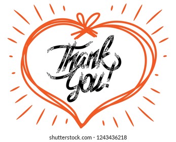 Thank you handwritten vector illustration, dark brush pen lettering with red heart isolated on white background
