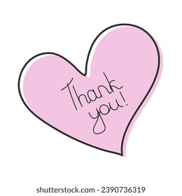 Thank you handwritten vector illustration with pink heart shape on white background, isolated, vector. For cards, t-shirts, invitations, and parties.