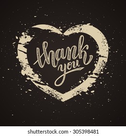 Thank you handwritten vector illustration, brush pen lettering on dark background, heart
