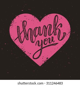 Thank you handwritten vector illustration, brush pen lettering on pink heart background