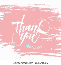 Thank you handwritten vector illustration, dark brush pen lettering isolated on pink background. Vector.