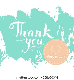 Thank you handwritten vector illustration, dark brush pen lettering isolated on blue background. Vector