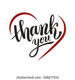 Thank you handwritten vector illustration, dark brush pen lettering with red heart isolated on white background