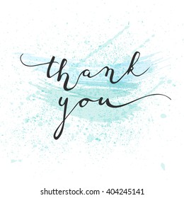 Thank you handwritten vector illustration. Black ink lettering on white background with blue splashes of paint