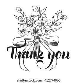 Thank you handwritten vector illustration with  flowers, bouquet. Hand brush lettering. Card template.