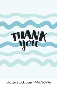 Thank you handwritten vector illustration, dark brush pen lettering isolated on wavy background