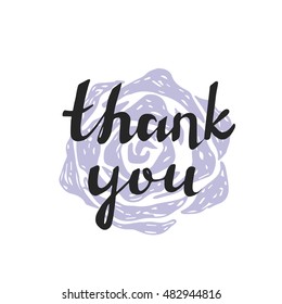 Thank you handwritten vector illustration, dark brush pen lettering on floral background.