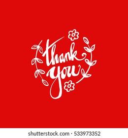 Thank you handwritten vector illustration, dark brush pen lettering isolated on red background.