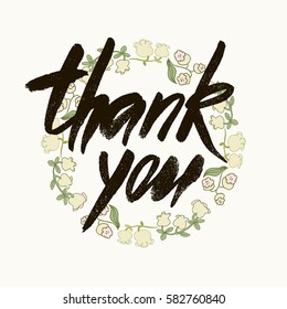Thank you handwritten vector illustration, dark brush pen lettering isolated on white background. Modern brush calligraphy. The wreath of lilies of the valley