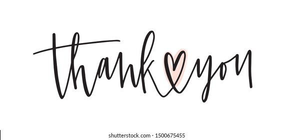 Thank you handwritten vector lettering. Gratitude expression phrase, thankfulness words isolated on white background. Valentine postcard, greeting card decorative calligraphy. Thanksgiving slogan.