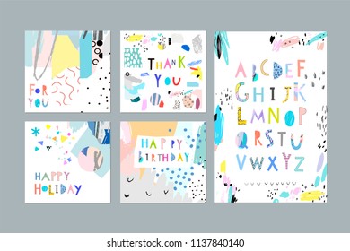 Thank You, Happy Birthday, Happy Holiday cards and posters plus Hand Drawn Artistic Alphabet . Cutout letters. Typeface. Font. Cute, fun and creative design. Vector. Isolated