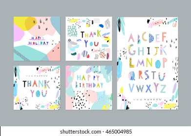 Thank You, Happy Birthday, Happy Holiday cards and posters plus Hand Drawn Artistic Alphabet . Cutout letters. Typeface. Font. Cute, fun and creative design. Vector. Isolated