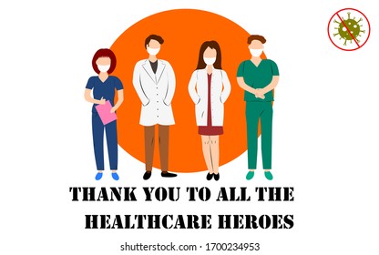 Thank you health heroes for helping people because of the coronavirus. Thank you for doctors, nurses and all medical personnel. Virus protection concept.Flat vector illustration for postcard or poster
