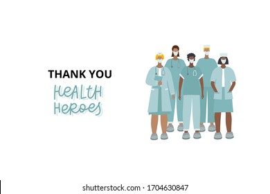 Thank you health heroes Medical staff doctor nurse characters. Hospital profession concept vector illustration. Simple flat cartoon style clip art for epidemic covid-19 pandemic quarantine gratitude.