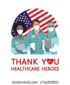 Thank you healthcare heroes grateful vector poster. Diverse nationalities male and female doctors, nurses in uniform, face masks, gloves, stethoscope, clipboard stand at United States flag background 