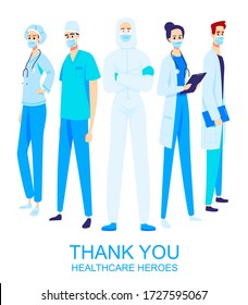 Thank you healthcare heroes working in the hospitals and fighting the coronavirus outbreak. Frontliners, illustration of doctors and nurses characters wearing masks in flat style