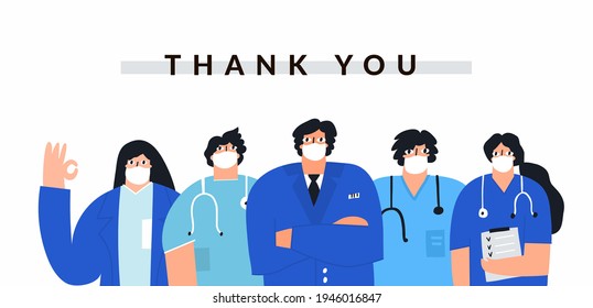 Thank You Healthcare Professionals Banner Template. Hand Drawn Group Of Doctors And Nurses Isolated On White Background. Medical Team Workers Wearing Face Mask. Hospital Heroes Vector Illustration