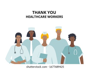 "Thank you healthcare worker" Medical doctor and nurse characters. Hospital profession concept vector illustration. Simple flat cartoon style clip art for epidemic covid-19 pandemic quarantine instruction