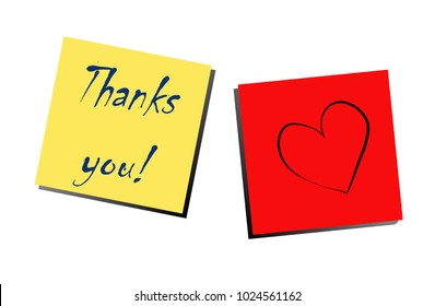 Thank you with  heart  inscription on colorful stickers.Transparent background. High resolution