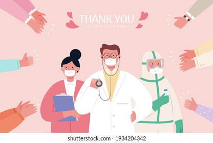 Thank you hero illustration in flat design. People clapping hand for doctors, nurses and all medical staffs who support us during covid 19 pandemic.