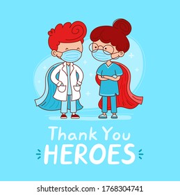 Thank you heroes card. Cute doctor and nurse with medical masks and super hero capes. Vector cartoon character flat line illustration. Superhero medical healtcare workers concept