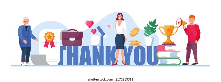 Thank you huge words concept vector. Tiny people thank you for help. Clients evaluate the service, give rate. Like, heart, star icon are shown.