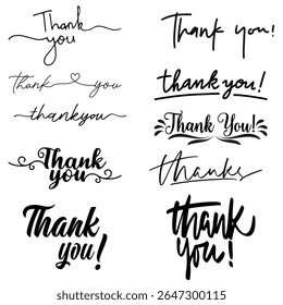 Thank you icon set with various styles including handwritten, calligraphy, bold, and minimalist text. Isolated on white background. Perfect for cards, banners, websites, and print design.
