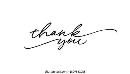 Thank you ink brush vector lettering. Thank you modern phrase handwritten vector calligraphy with swooshes. Black paint lettering isolated on white background. Postcard, greeting card, t shirt print.