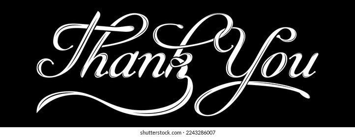Thank you ink brush vector lettering. Thank you modern phrase handwritten vector calligraphy with swooshes. White paint lettering isolated on black background. Postcard, greeting card, t-shirt print.