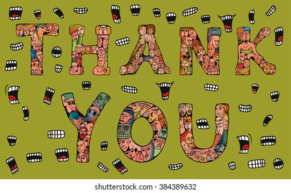 Thank You inscription banner background, card design. People crowd alphabet vector font. Isolated hand drawn vector illustration in cartoon style