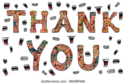 Thank You inscription banner background, card design. People crowd alphabet vector font. Isolated hand drawn vector illustration in cartoon style