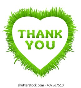 Thank you inscription with heart frame made of grass isolated on white.  Early spring green grass font. Greeting card, poster with typography.  Vector illustration. 