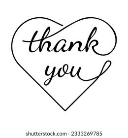 Thank you, the inscription in one line in the heart, Handwritten alphabet in the form of a heart. Creative typographic design. Isolated vector.