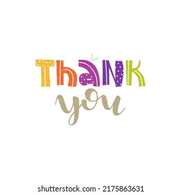 Thank You. Inscription For Postcard, Banner, Print. Multicolored Lettering. Sans Serif Font, Handwritten Font. Isolated On White Background.