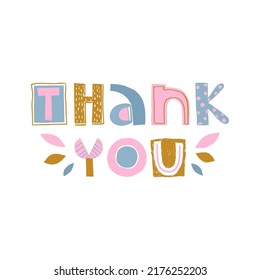 Thank You. Inscription For Postcard, Banner, Print. Multicolored Lettering. Sans Serif Font, Handwritten Font. Isolated On White Background.